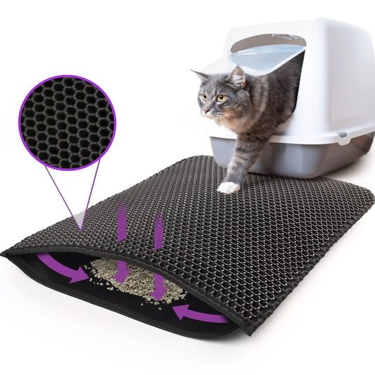 Revolutionary Cat Litter Mat - Extra Large Double Layer Waterproof Urine Trapper with Non-Slip Honeycomb Design, 24" x 15", Black
