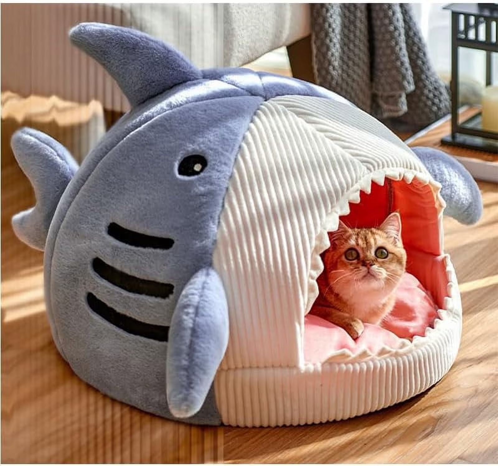 Cozy Shark-Shaped Large Cat Bed with Removable Washable Pillow in Blue - Perfect for Your Feline Friend!