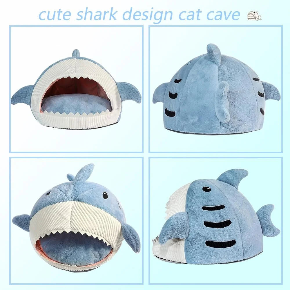 Cozy Shark-Shaped Large Cat Bed with Removable Washable Pillow in Blue - Perfect for Your Feline Friend!