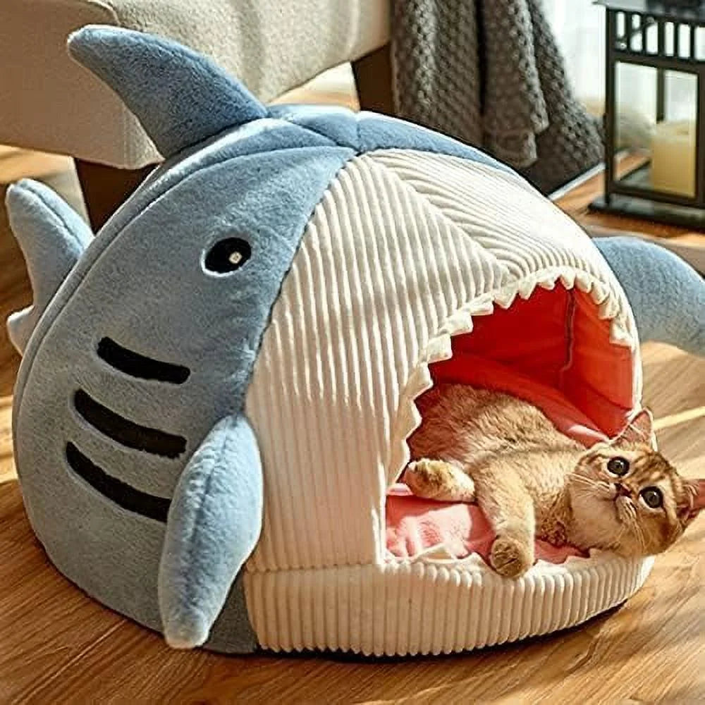 Cozy Shark-Shaped Large Cat Bed with Removable Washable Pillow in Blue - Perfect for Your Feline Friend!